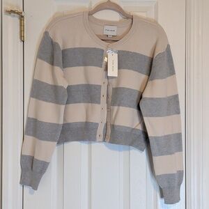 Pink Rose NWT Striped Cropped Cardigan Beige Gray Button Front Cozy Size L